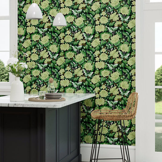 Amara Butterfly Wallpaper - Emerald/Ink Black - Sanderson - DWAW217117 - Morris Wallpaper