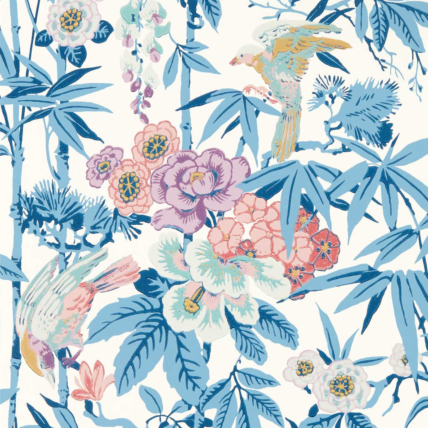 Bamboo & Birds Wallpaper - China Blue /Lotus Pink - DWAW217129