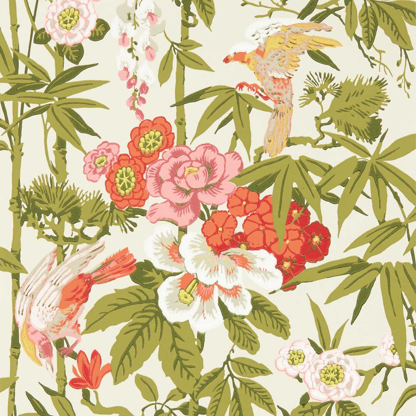 Bamboo & Birds Wallpaper - Mandarin Red/Olive - DWAW217128