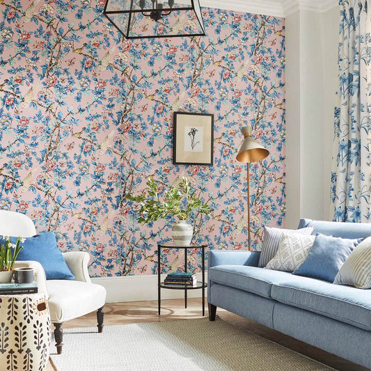 Caverley Wallpaper - Rose/French Blue - Sanderson - DOSW217035 - Morris Wallpaper