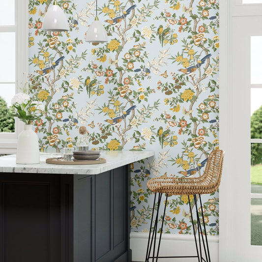 Chinoiserie Hall Wallpaper - Dawn Blue/Persimmon - Sanderson - DWAW217112 - Morris Wallpaper