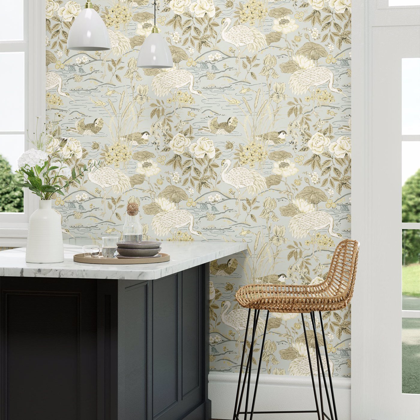 Crane & Frog Wallpaper - Sky/Honey - Sanderson - DWAW217125 - Morris Wallpaper