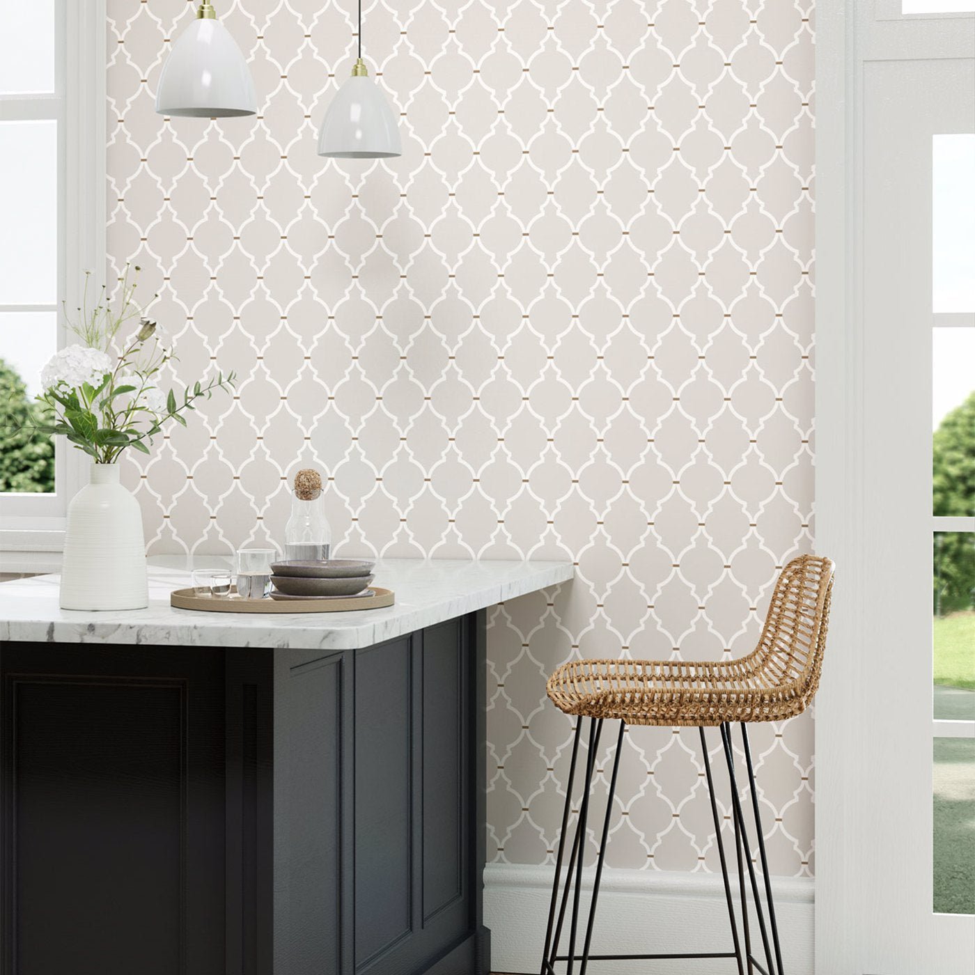 Empire Trellis Wallpaper - Silver/Calico - Sanderson - DART216335 - Morris Wallpaper