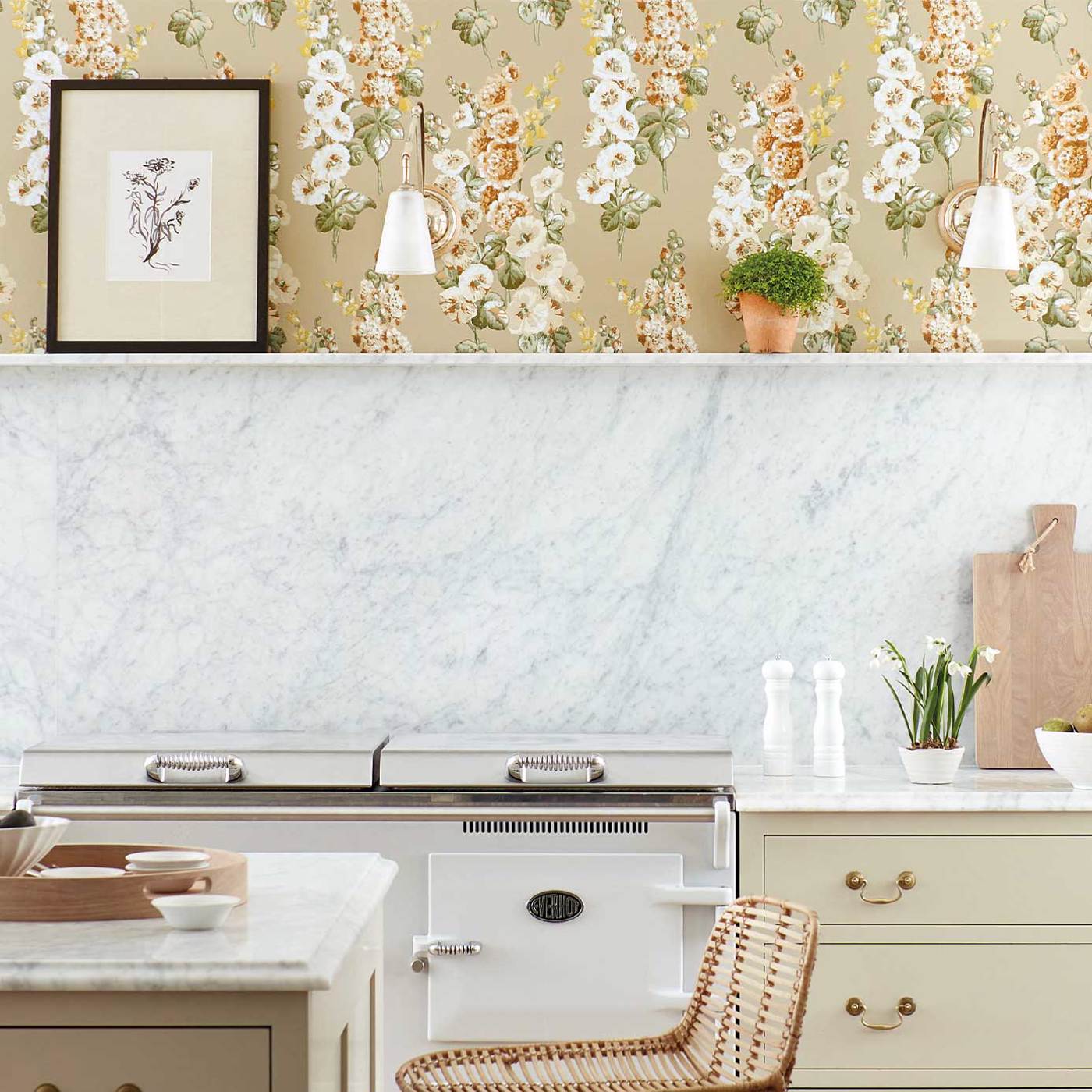 Hollyhocks Wallpaper - Fire Pink/Bright Blue - Sanderson - DOSW217033 - Morris Wallpaper
