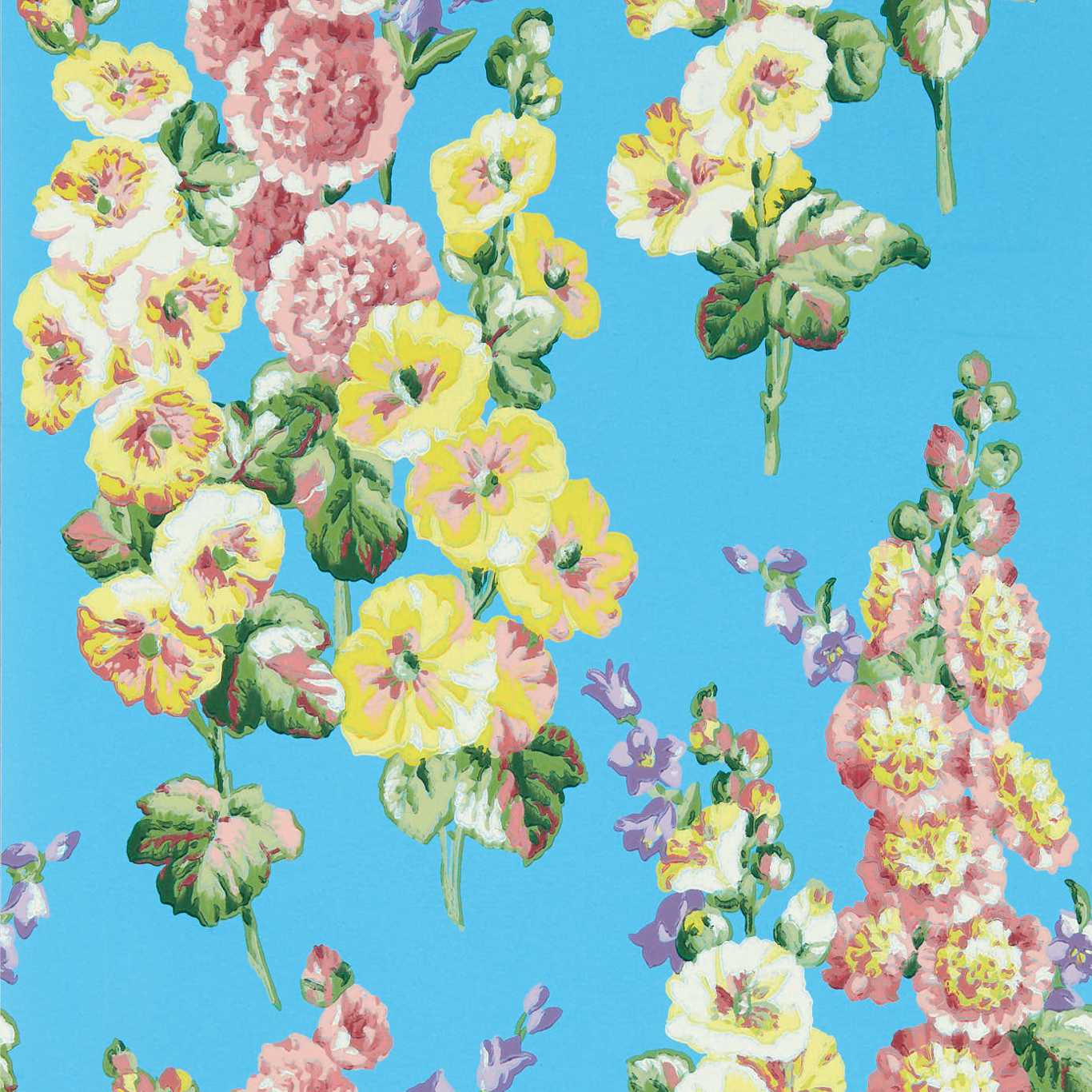 Hollyhocks Wallpaper - Fire Pink/Bright Blue - DOSW217033