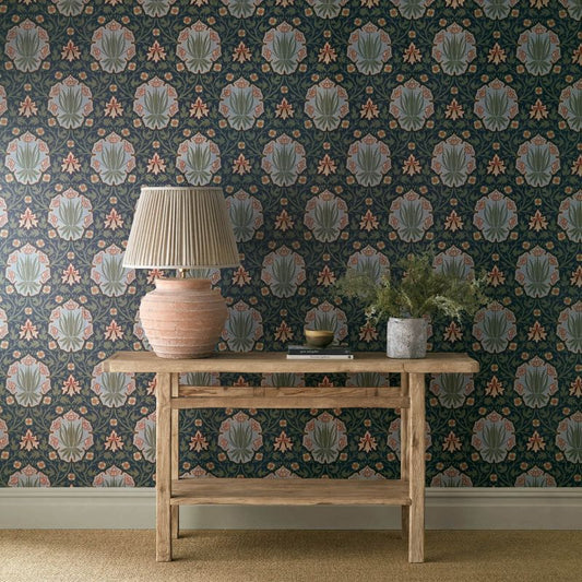 Iris & Rose Wallpaper - Indigo/Thyme - Morris & Co - 217568