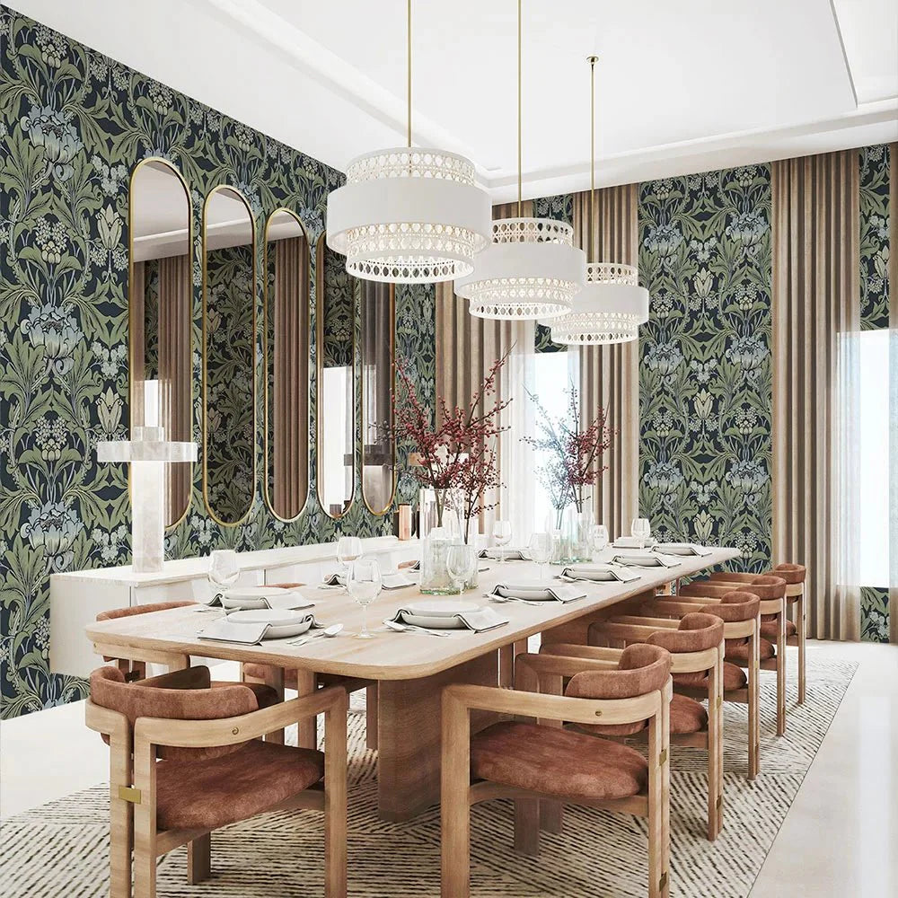 Primrose Floral Wallpaper - Midnight Blue & Sage - NextWall - NW44412 - Morris Wallpaper