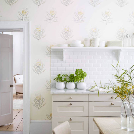 Protea Flower Wallpaper - China Blue/Canvas - Sanderson - DART216327 - Morris Wallpaper