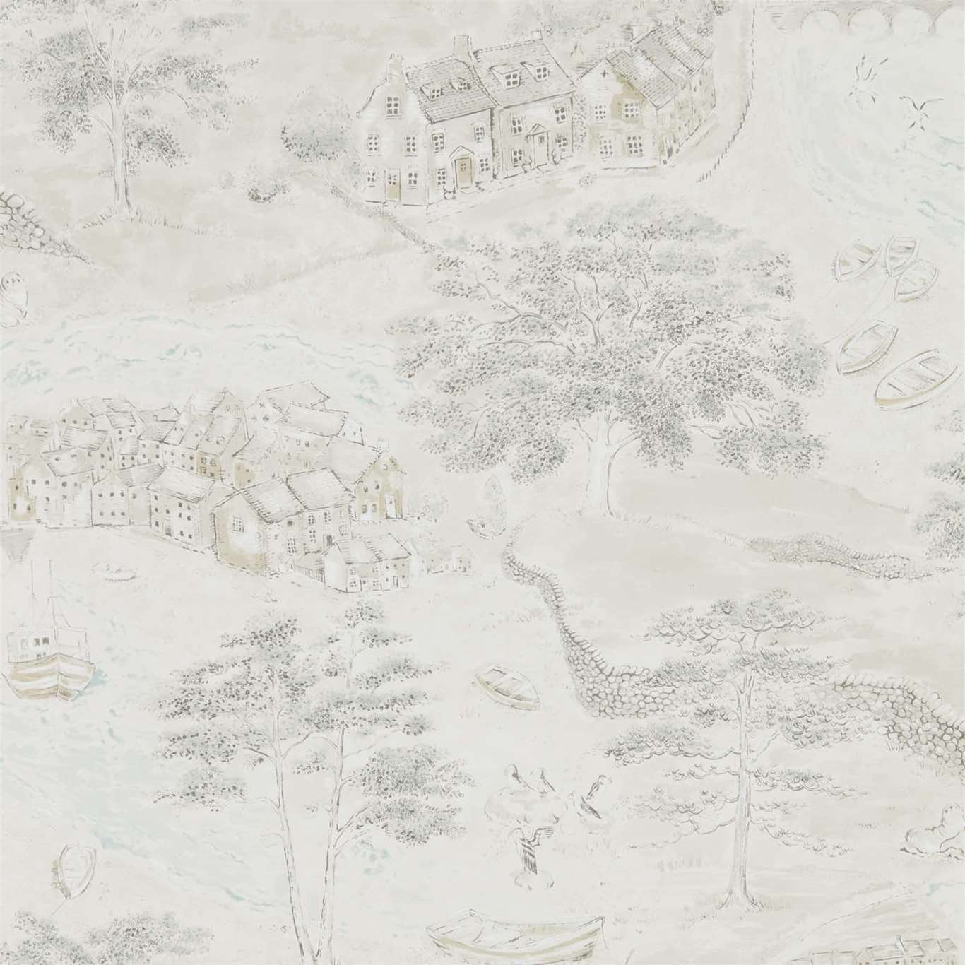 Sea Houses Wallpaper - Chalk/Silver - DEBB216491
