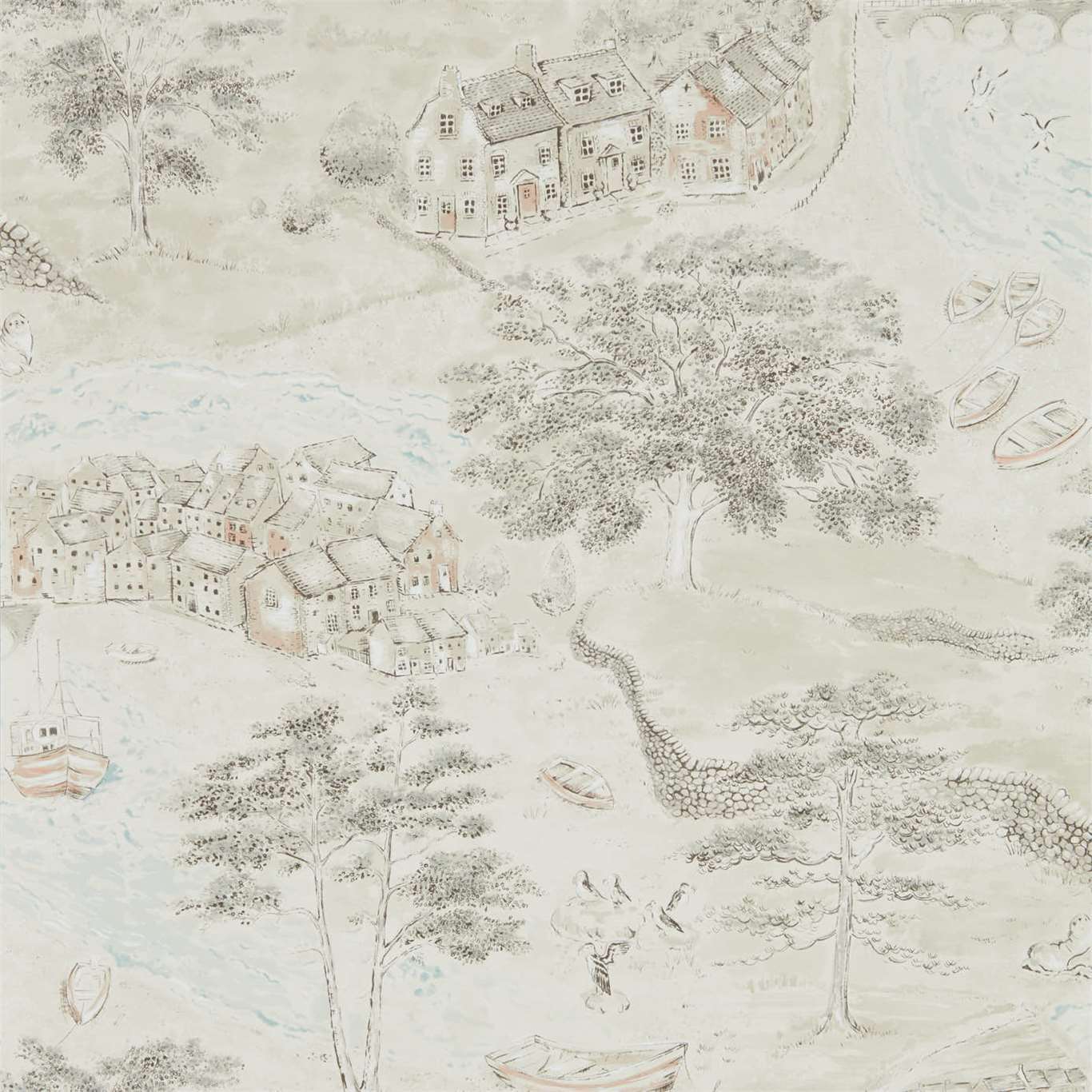 Sea Houses Wallpaper - Charcoal/Linen - DEBB216489