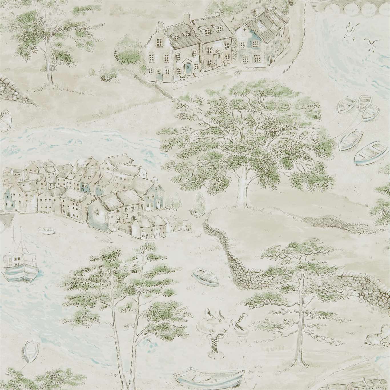 Sea Houses Wallpaper - Green/Sand - DEBB216490