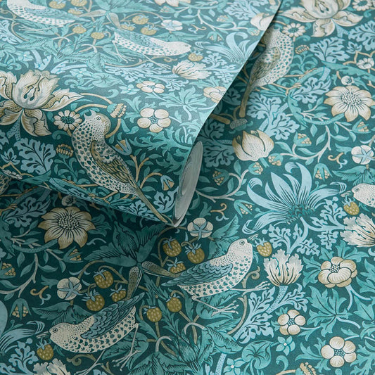 Strawberry Thief Wallpaper - Teal - Clarke & Clarke - W0171/06 - Morris Wallpaper