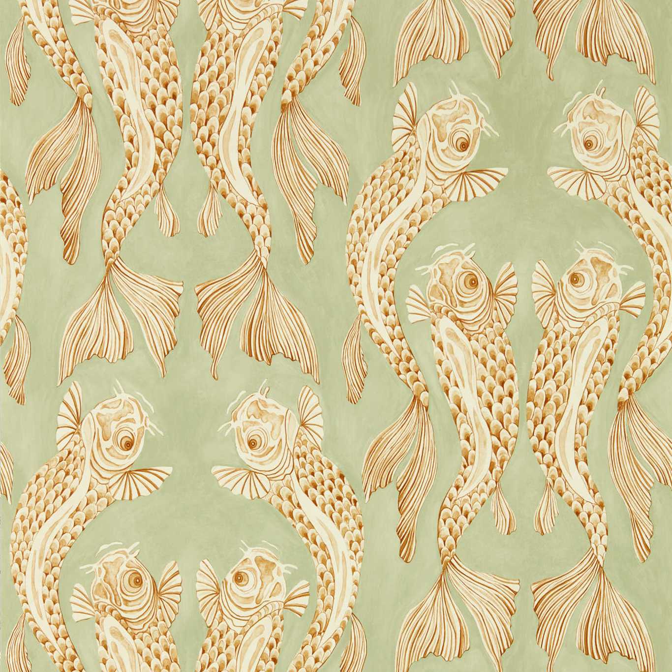 Voyaging Koi Wallpaper - Oriental Green/Honey - DWAW217114