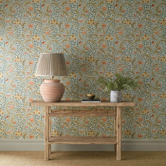 Wild Tulip & Vine Wallpaper - Coral/Teal - Morris & Co - 217578