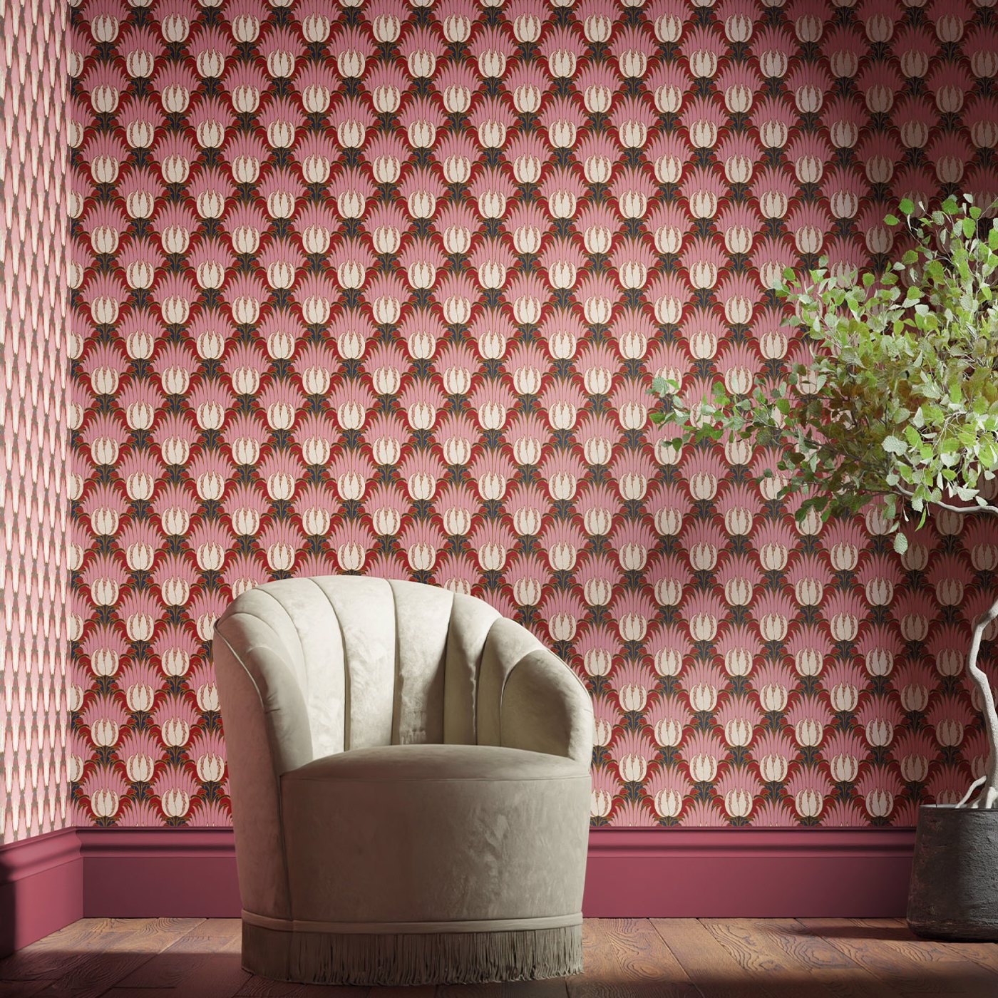 Tulip & Bird Wallpaper - Amaranth & Blush - 510030 - Morris & Co
