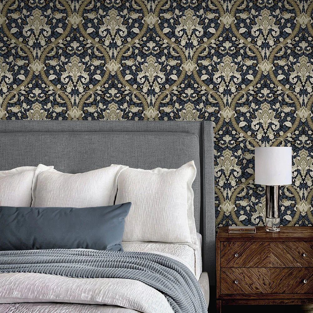 Acanthus Ogee Wallpaper - Blue & Natural - NextWall - NW59002 - Morris Wallpaper