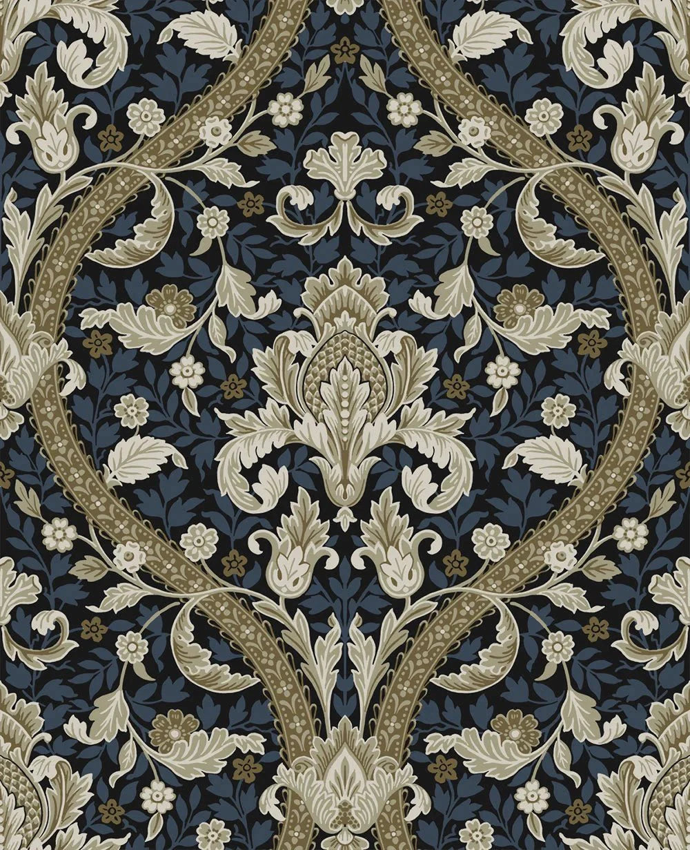 Acanthus Ogee Wallpaper - Blue & Natural - NextWall - NW59002 - Morris Wallpaper