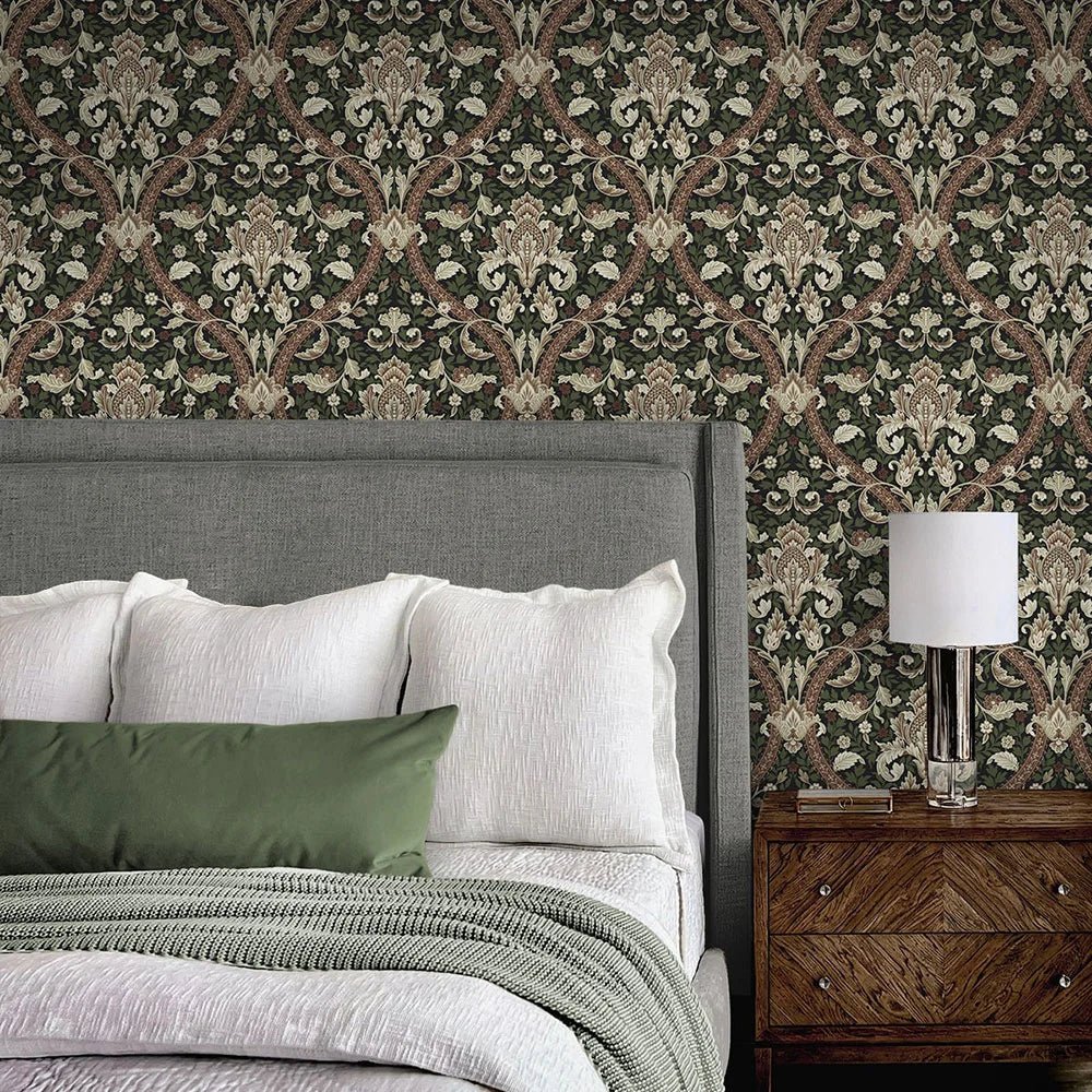Acanthus Ogee Wallpaper - Ebony & Clay - NextWall - NW59001 - Morris Wallpaper