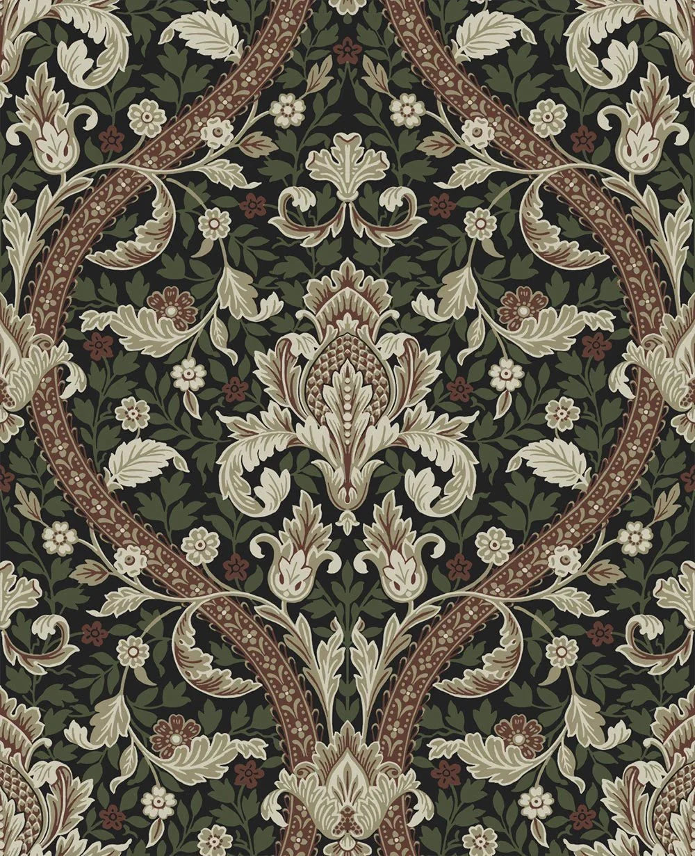 Acanthus Ogee Wallpaper - Ebony & Clay - NextWall - NW59001 - Morris Wallpaper