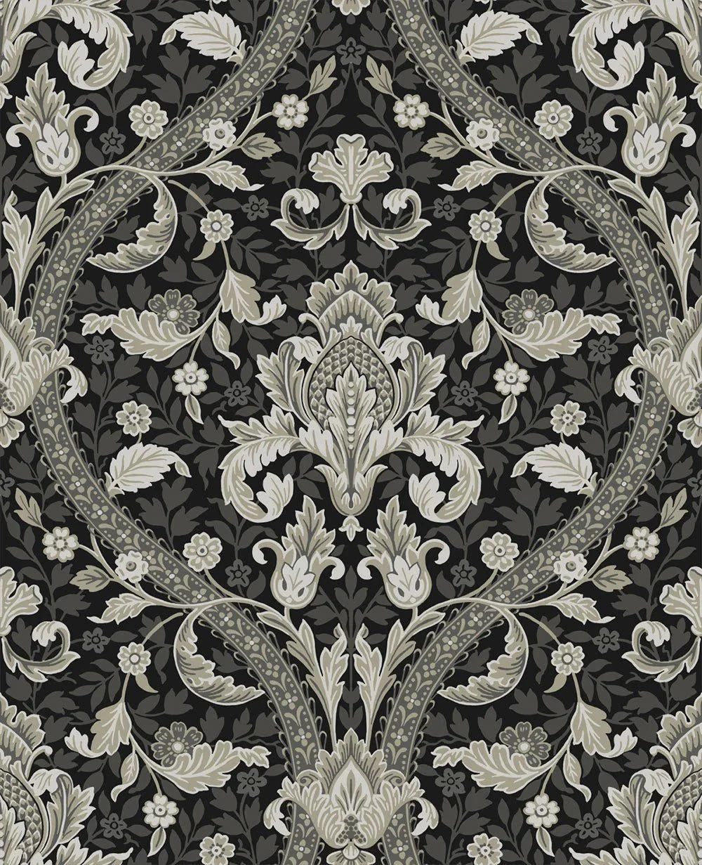 Acanthus Ogee Wallpaper - Ebony & Cliffside - NextWall - NW59000 - Morris Wallpaper