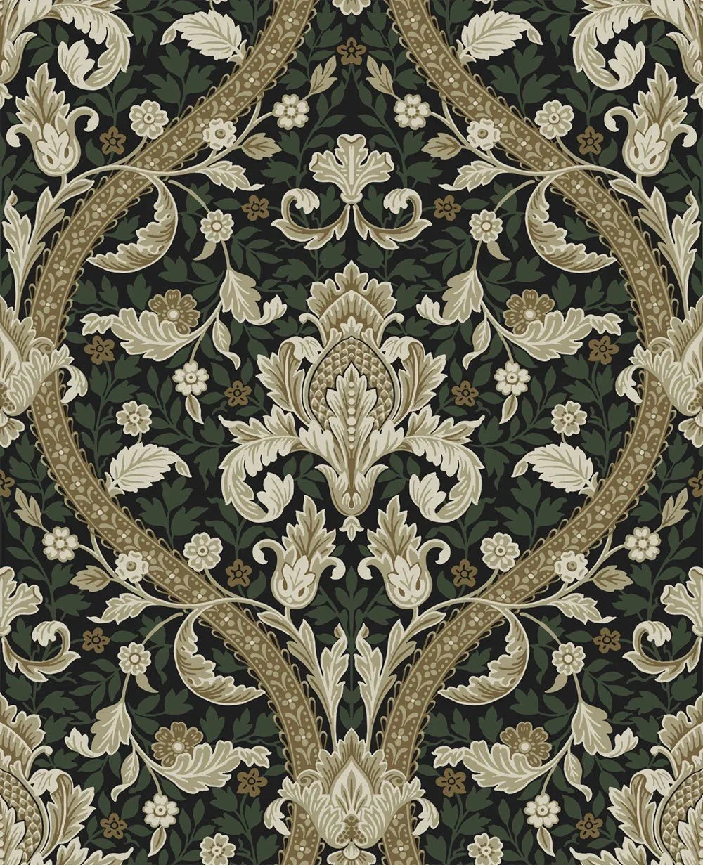 Acanthus Ogee Wallpaper - Ebony & Green - NextWall - NW59004 - Morris Wallpaper