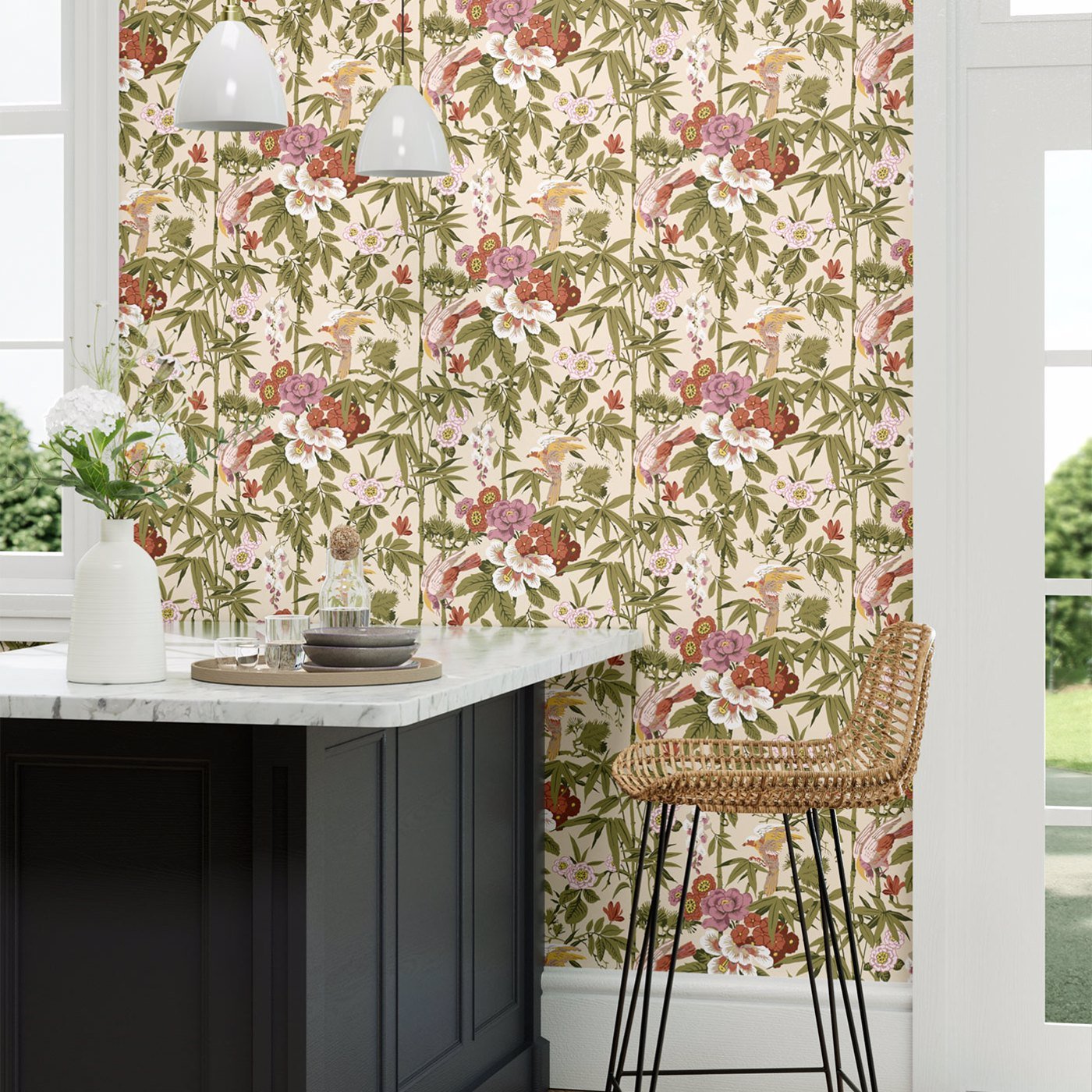 Bamboo & Birds Wallpaper - Mandarin Red/Olive - Sanderson - DWAW217128 - Morris Wallpaper