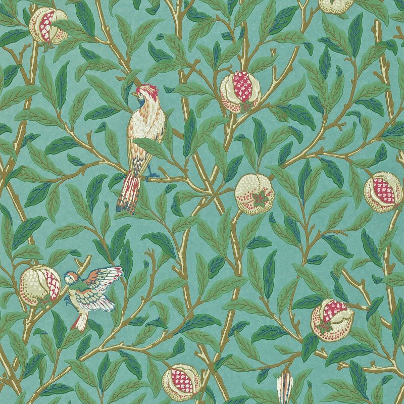 Bird & Pomegranate Wallpaper - Turquoise/Coral - 212538 - Morris & Co