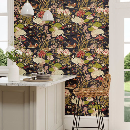 Crane & Frog Wallpaper - Ink Black/Multi - Sanderson - DWAW217123 - Morris Wallpaper