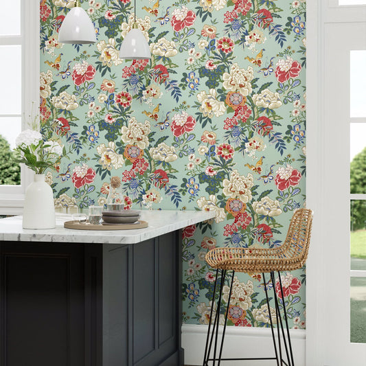 Emperor Peony Wallpaper - Jade/Apricot - Sanderson - DWAW217122 - Morris Wallpaper