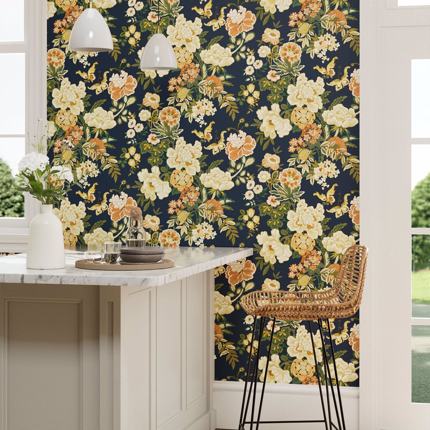 Emperor Peony Wallpaper - Midnight/Apricot - Sanderson - DWAW217120 - Morris Wallpaper