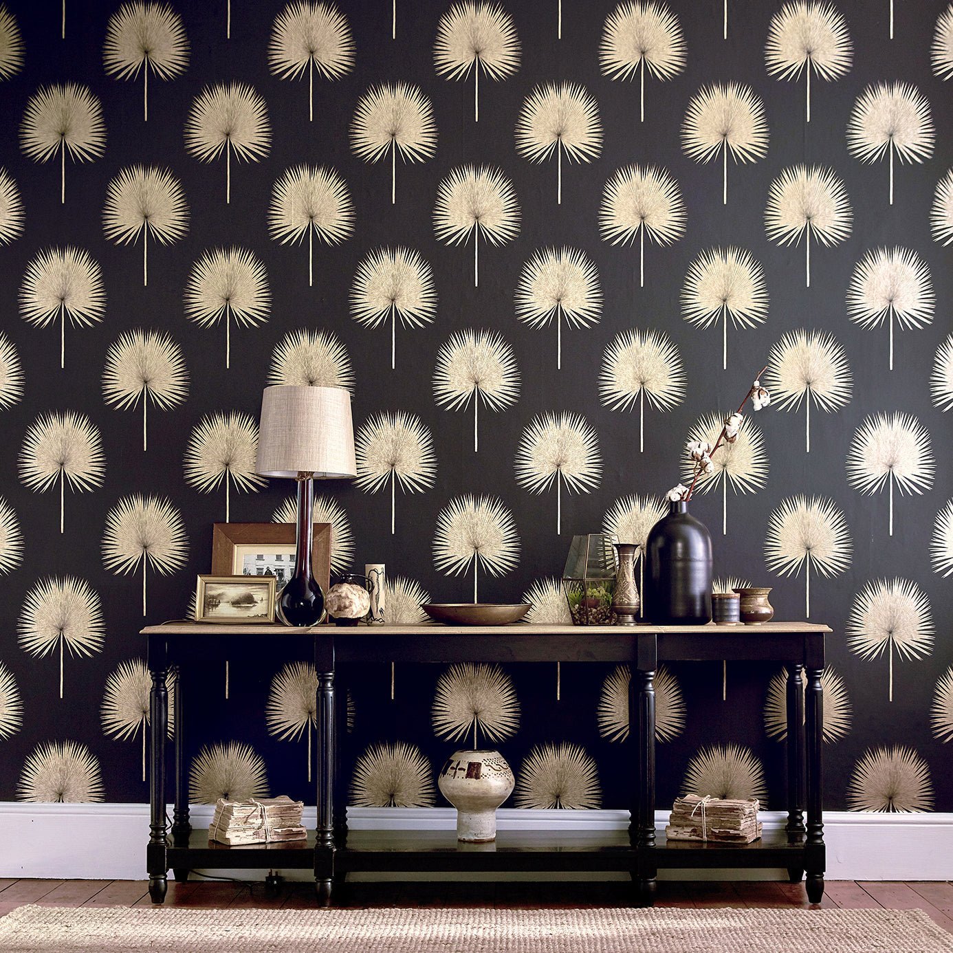 Fan Palm Wallpaper - Charcoal/Gold - Sanderson - DGLW216639 - Morris Wallpaper