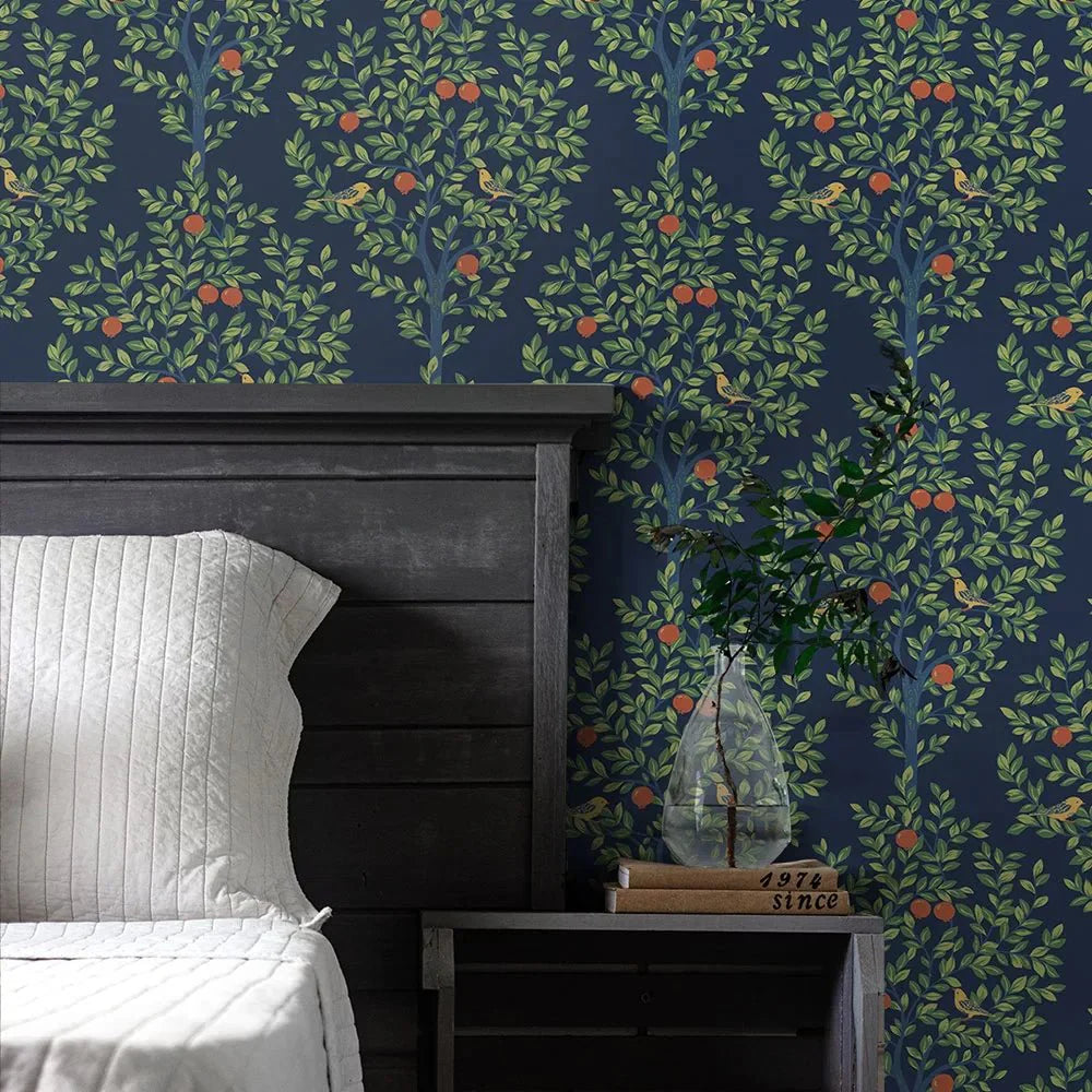 Fruit Tree Wallpaper - Navy Blue - NextWall - NW48102 - Morris Wallpaper
