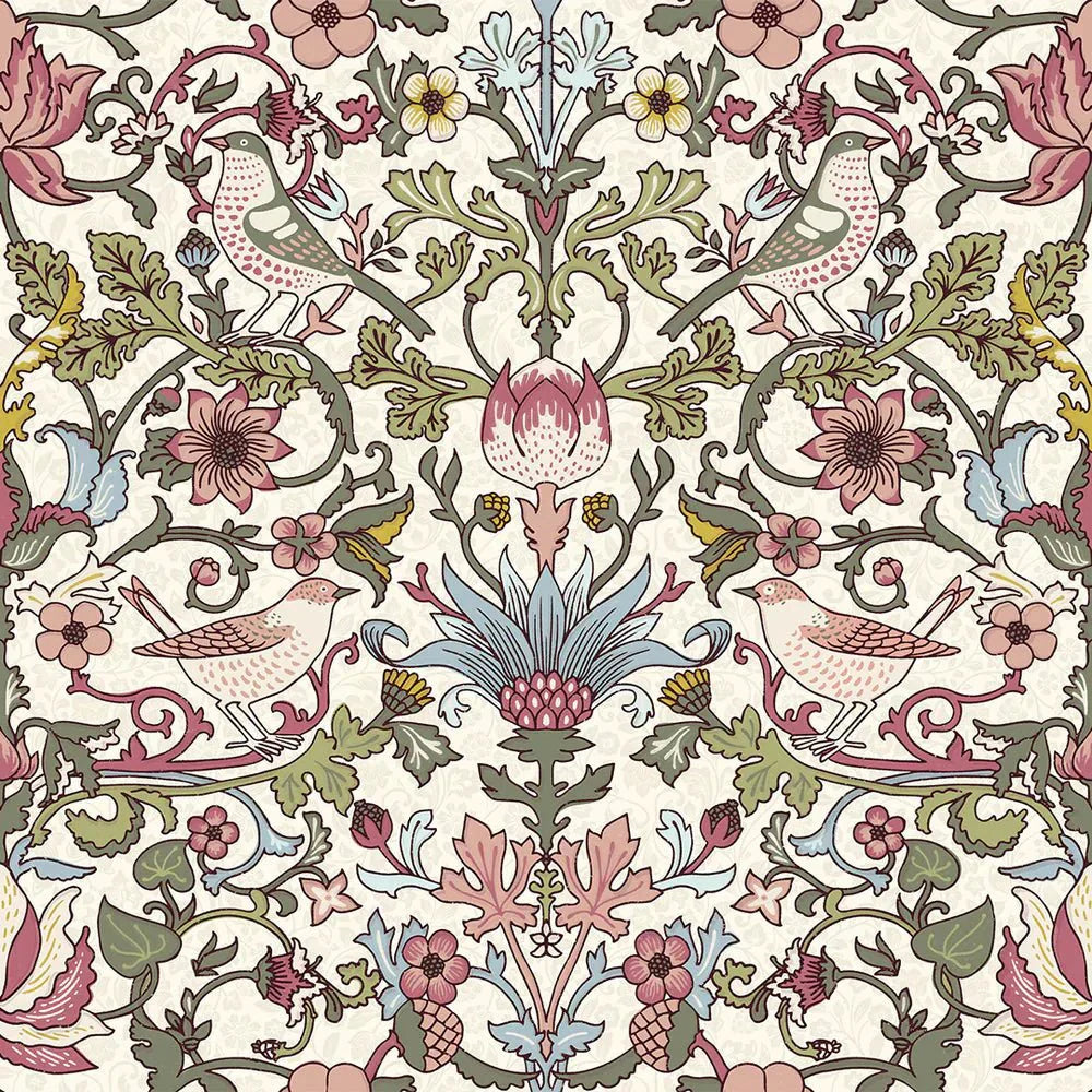 Garden Visitors Wallpaper - Raspberry, Mineral and Olive on Windsor Cream - LAN100009 - Lucie Annabel - Premier Wallcovering