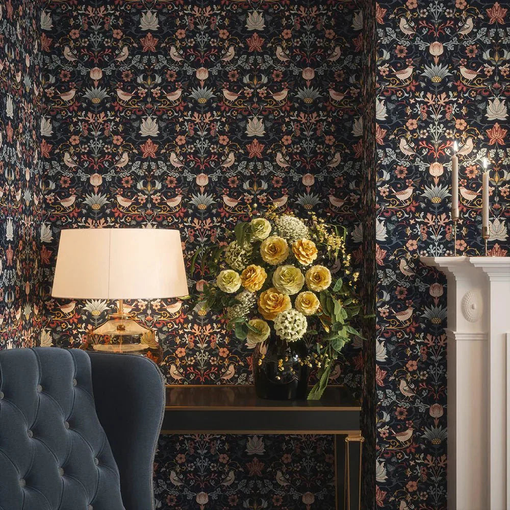 Garden Visitors Wallpaper - Shades of Rose and Mineral on Royal Navy - LAN100008 - Lucie Annabel - Premier Wallcovering