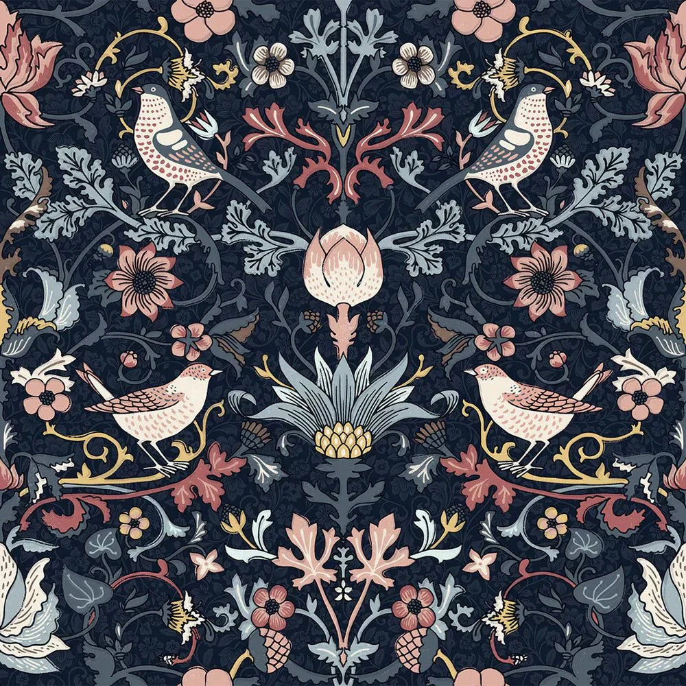 Garden Visitors Wallpaper - Shades of Rose and Mineral on Royal Navy - LAN100008 - Lucie Annabel - Premier Wallcovering