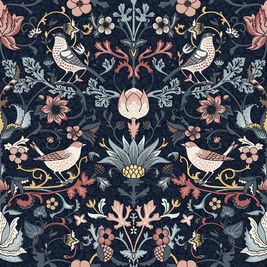 Garden Visitors Wallpaper - Shades of Rose and Mineral on Royal Navy - LAN100008 - Lucie Annabel - Premier Wallcovering