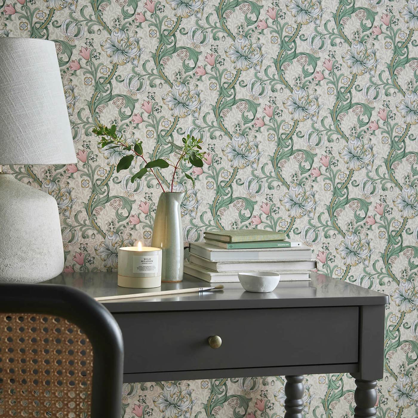 Golden Lily Wallpaper - Slate/Dove - Clarke & Clarke - W0174/02 - Morris Wallpaper