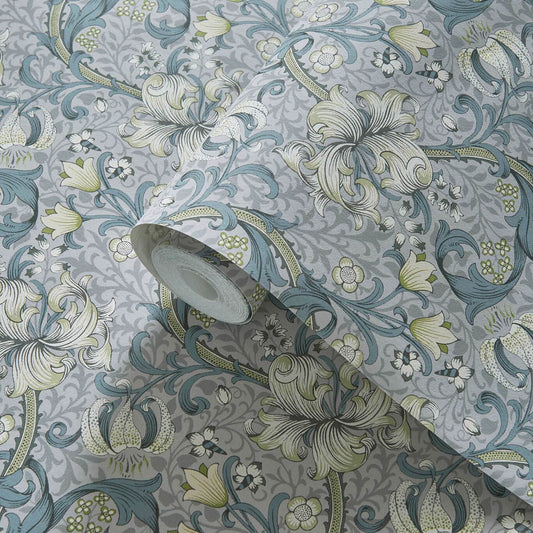 Golden Lily Wallpaper - Slate/Dove - Clarke & Clarke - W0174/02 - Morris Wallpaper