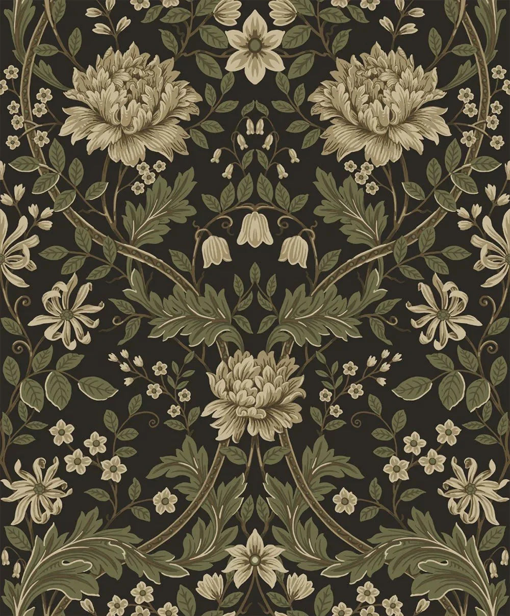 Honeysuckle Trail Wallpaper - Brown & Sage - NextWall - NW44606 - Morris Wallpaper