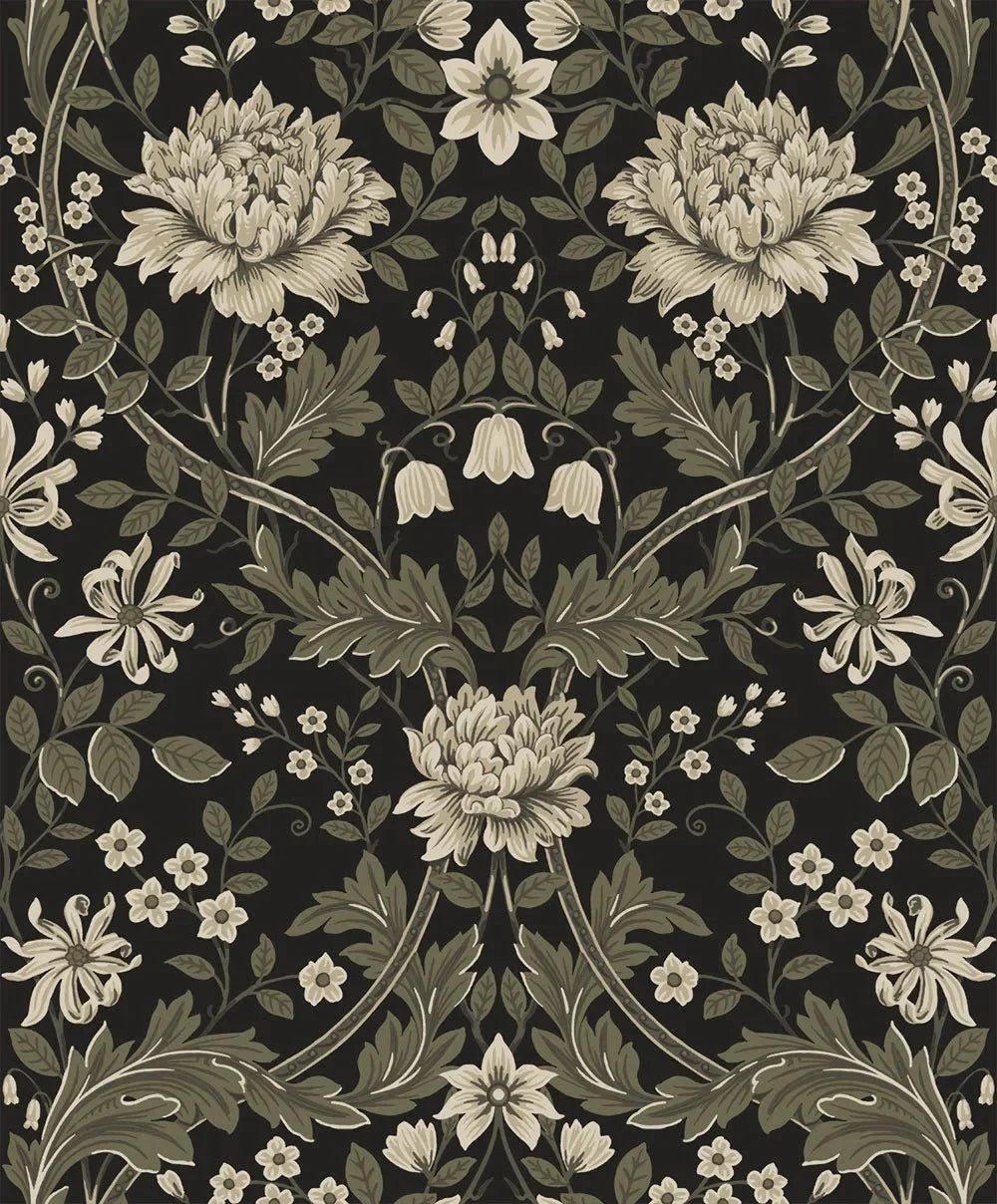 Honeysuckle Trail Wallpaper - Ebony & Pavestone - NextWall - NW44610 - Morris Wallpaper