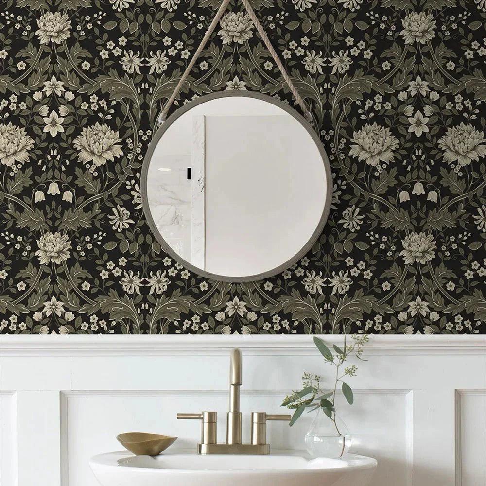Honeysuckle Trail Wallpaper - Ebony & Pavestone - NextWall - NW44610 - Morris Wallpaper