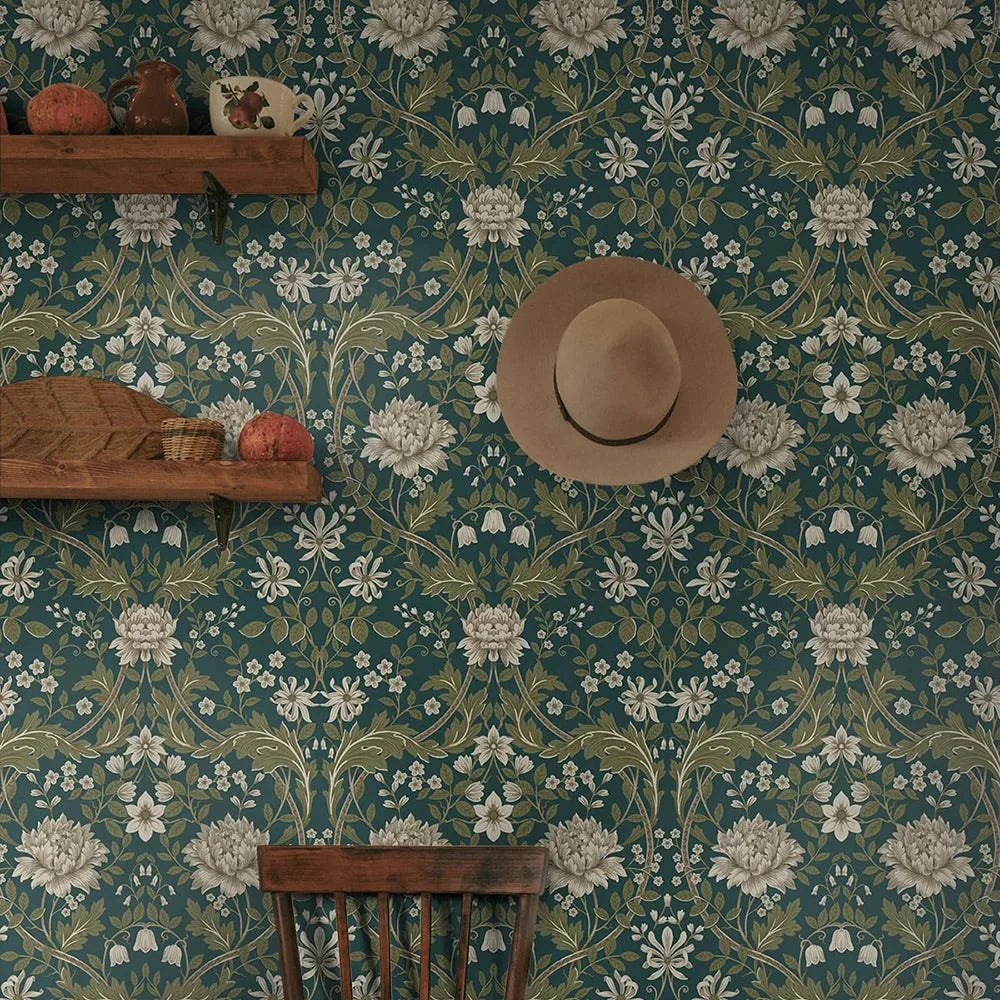 Honeysuckle Trail Wallpaper - Green - NextWall - NW44604 - Morris Wallpaper