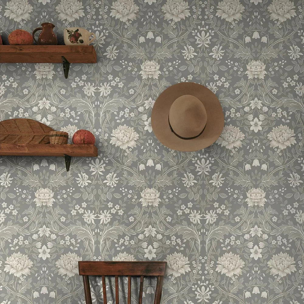 Honeysuckle Trail Wallpaper - Grey - NextWall - NW44608 - Morris Wallpaper