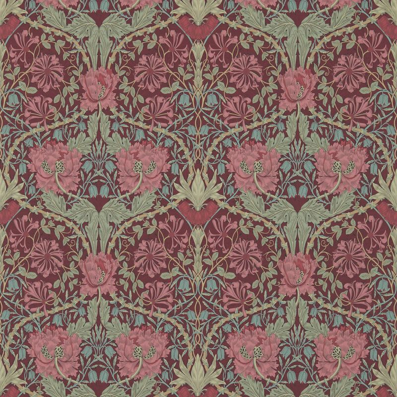 Honeysuckle & Tulip Wallpaper - Burgundy/Sage - Morris & Co - 214703