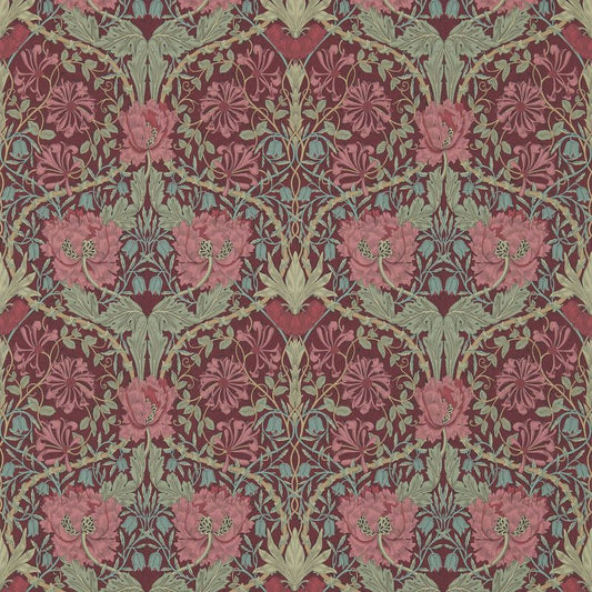 Honeysuckle & Tulip Wallpaper - Burgundy/Sage - Morris & Co - 214703
