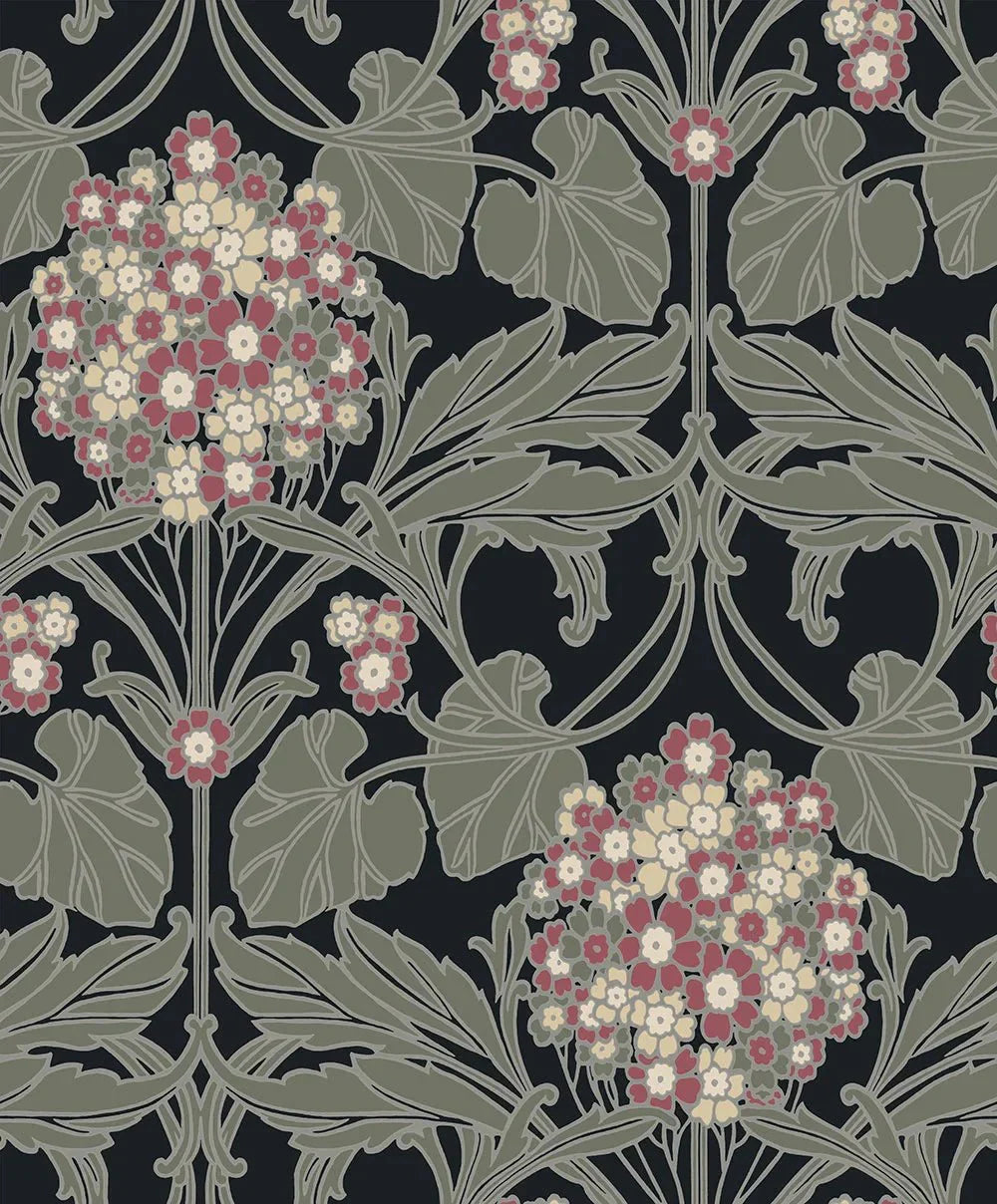 Hydrangea Floral Wallpaper - Black & Rosewood - NextWall - NW60410 - Morris Wallpaper