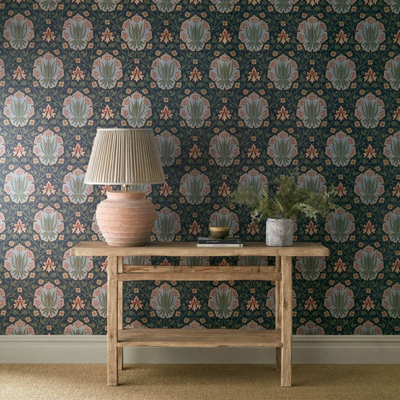 Iris & Rose Wallpaper - Indigo/Thyme - Morris & Co - 217568
