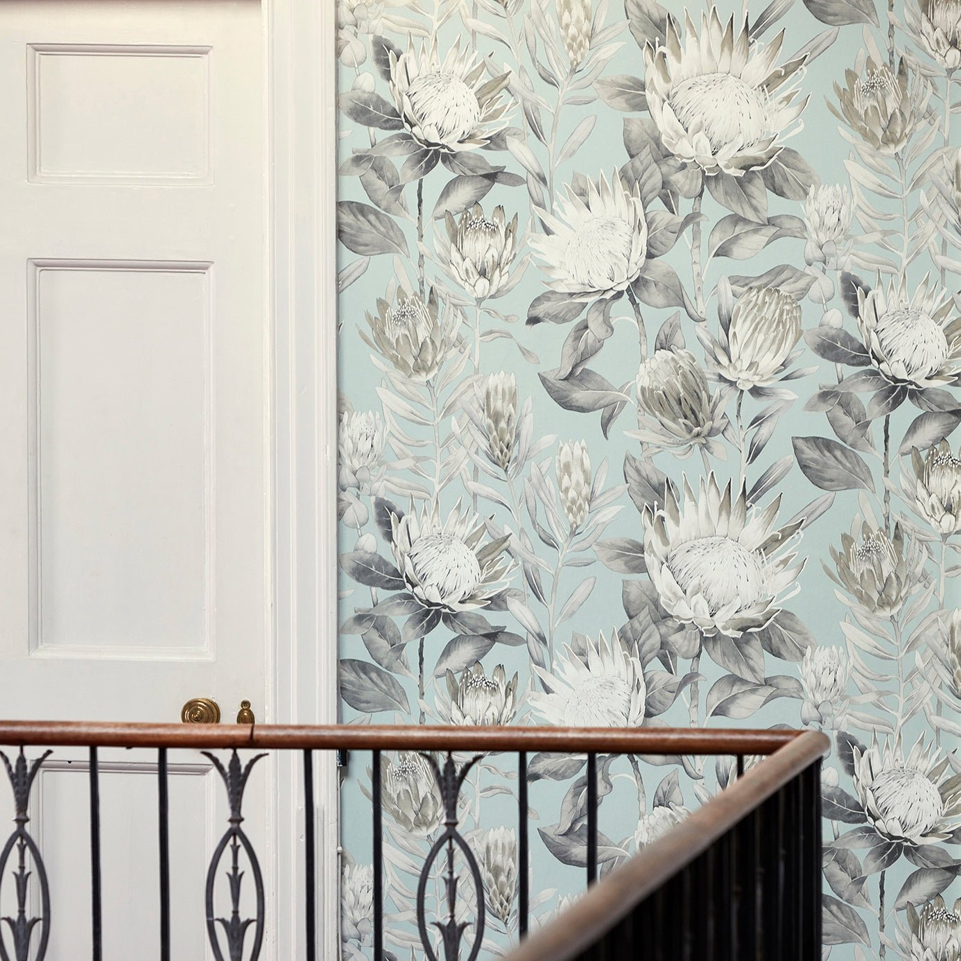 King Protea Wallpaper - Aqua/Linen - Sanderson - DGLW216645 - Morris Wallpaper