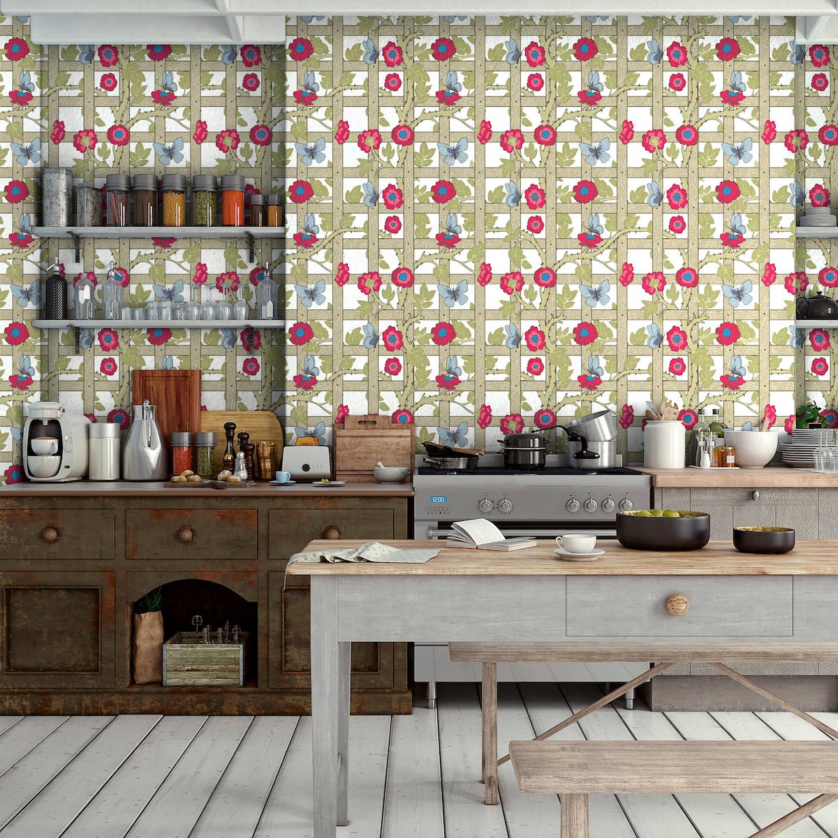 1039 - Trellis Wallpaper - Linen White  by Morris Collections