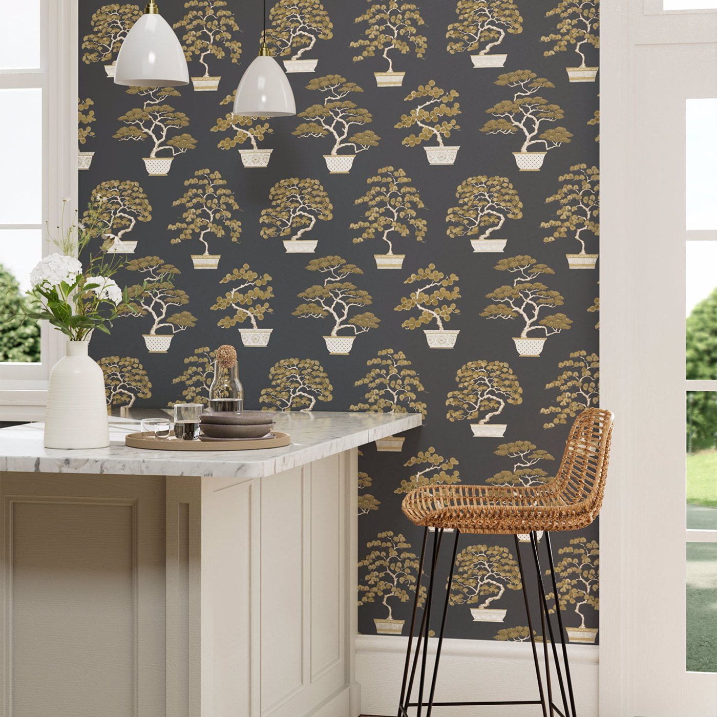 Penjing Wallpaper - Ink Black/Gold - Sanderson - DWAW217109 - Morris Wallpaper